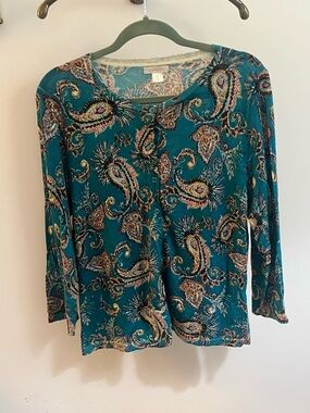 Garnet Hill Teal Paisley Button-Front Long-Sleeve Top